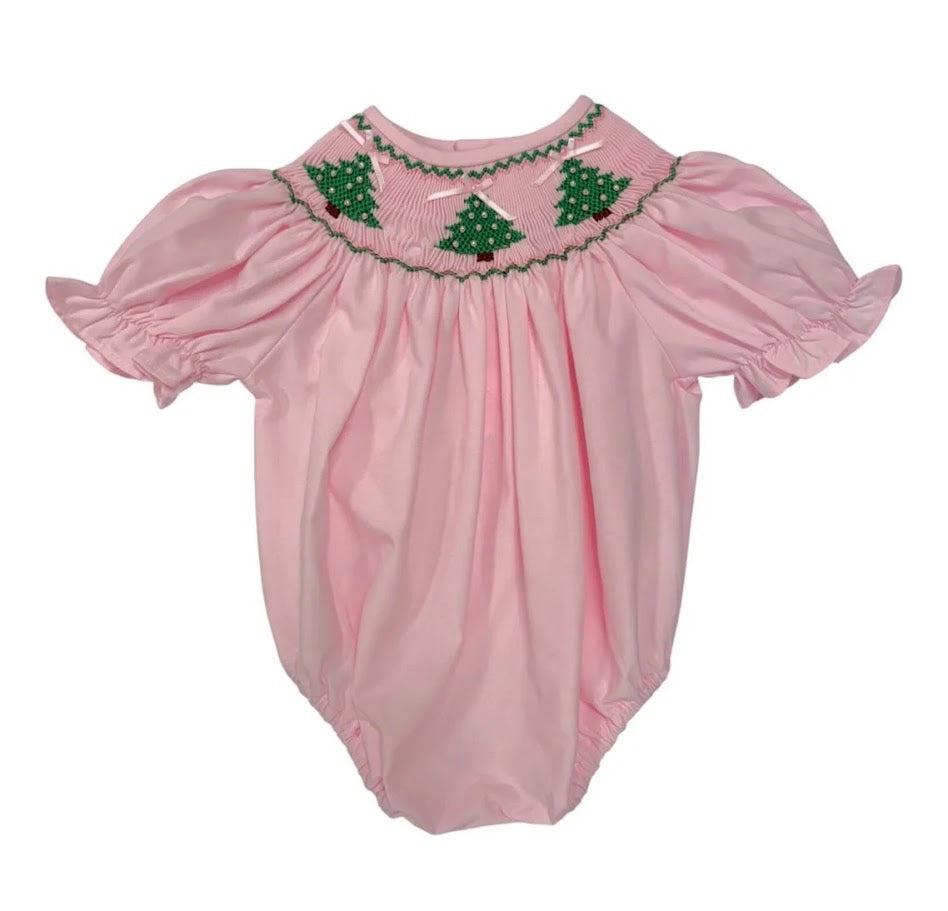 Christmas Tree Smocked Pink Bubble