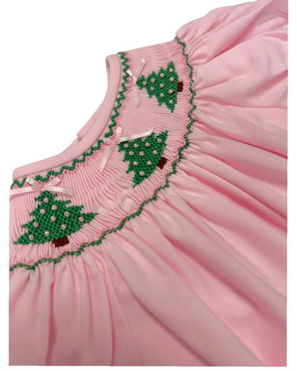 Christmas Tree Smocked Pink Bubble