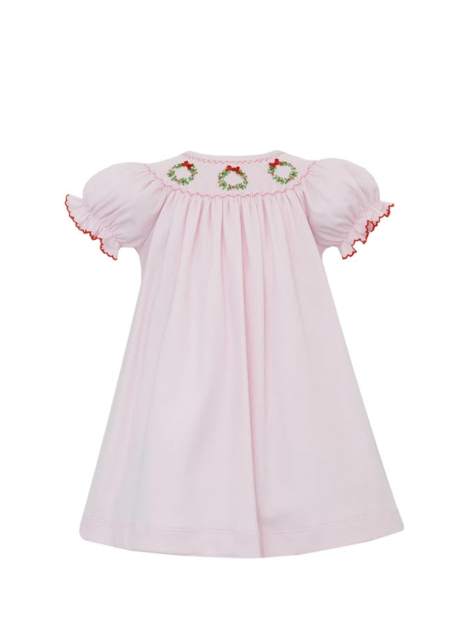 Christmas Wreath Pink Knit Bishop Dress