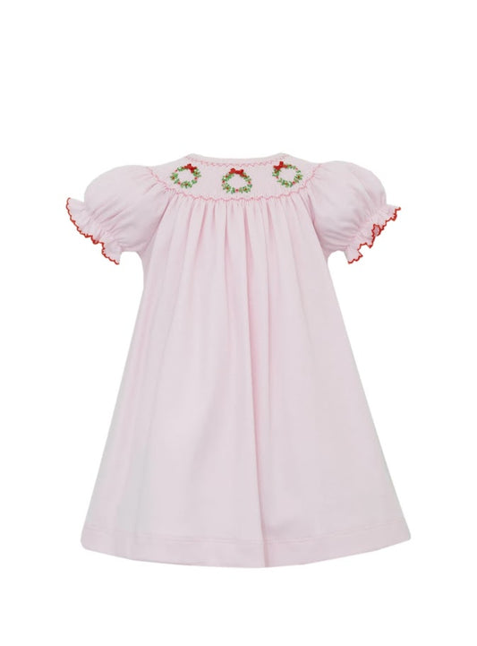 Christmas Wreath Pink Knit Bishop Dress