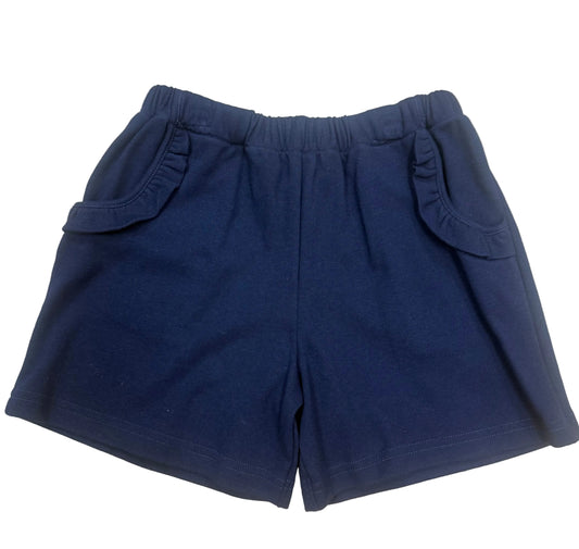 Navy Knit Girls Shorts W/ Ruffle And Pockets