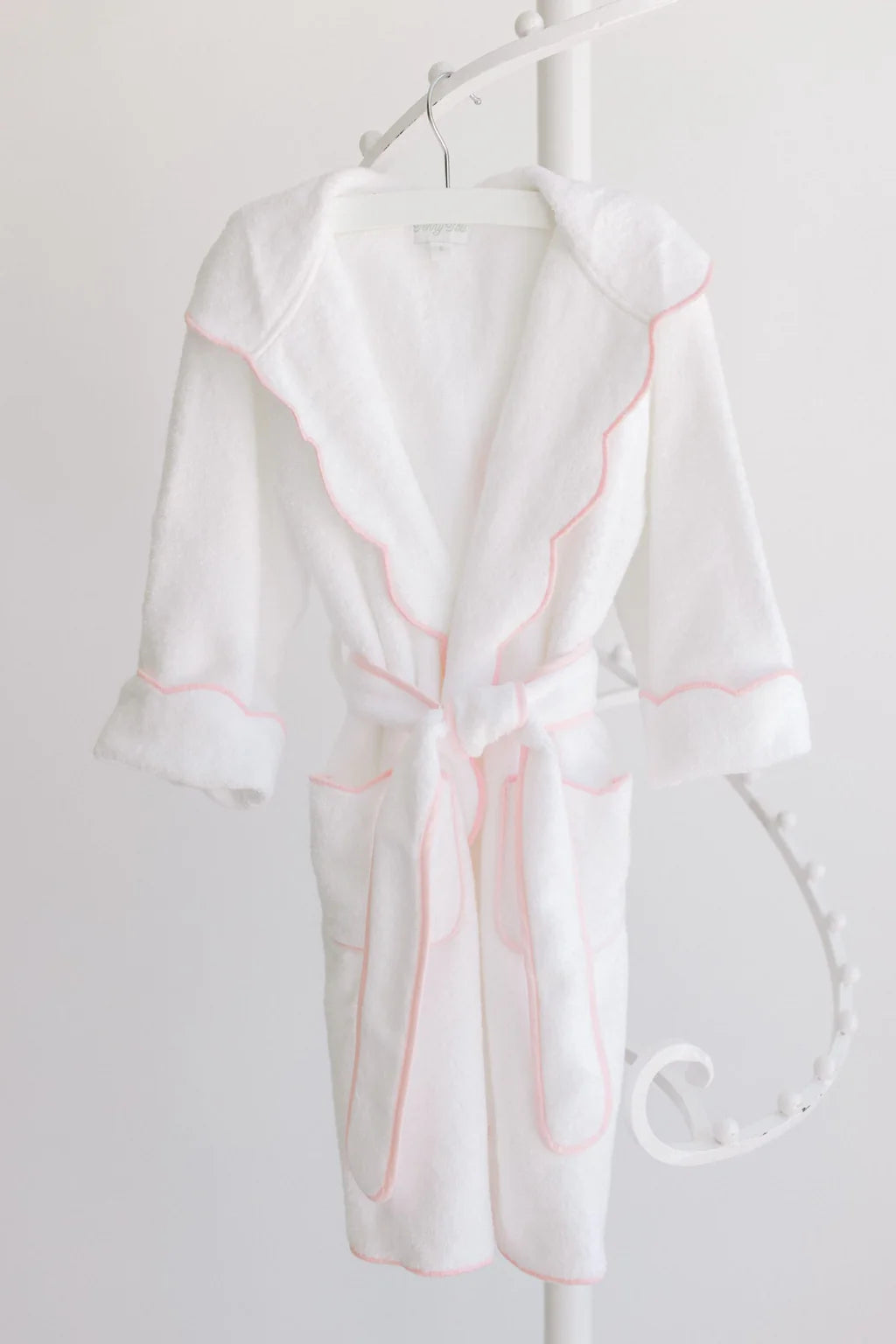 Bathrobe White Terry With Hood And Pink Scalloped Trim