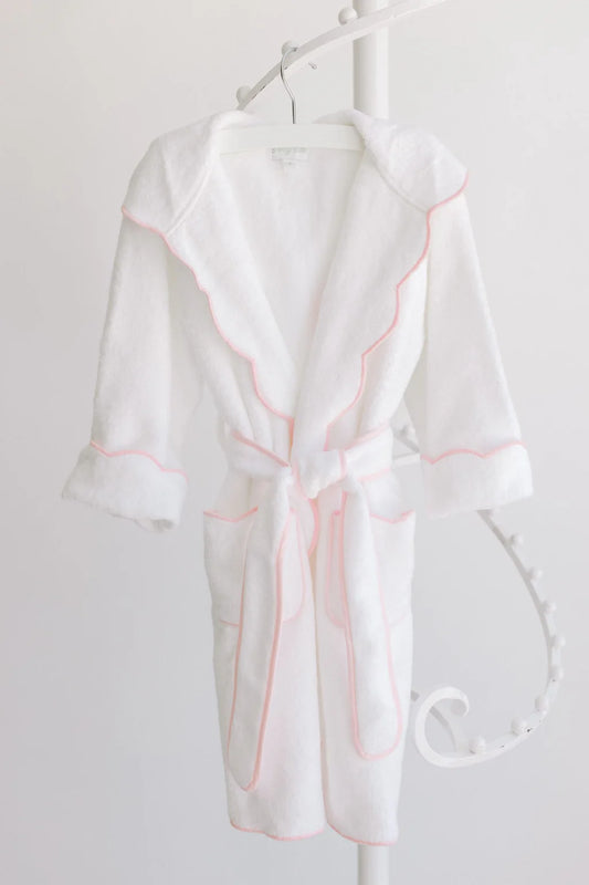 Bathrobe White Terry With Hood And Pink Scalloped Trim