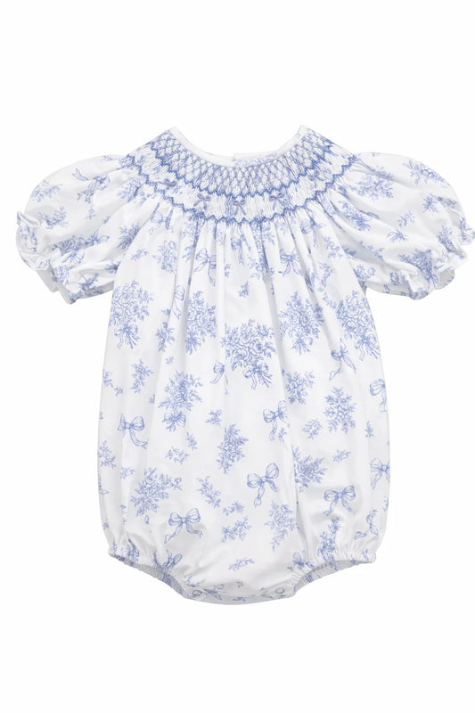 Evelyn Blue & White Floral Print Bow Smocked Bubble