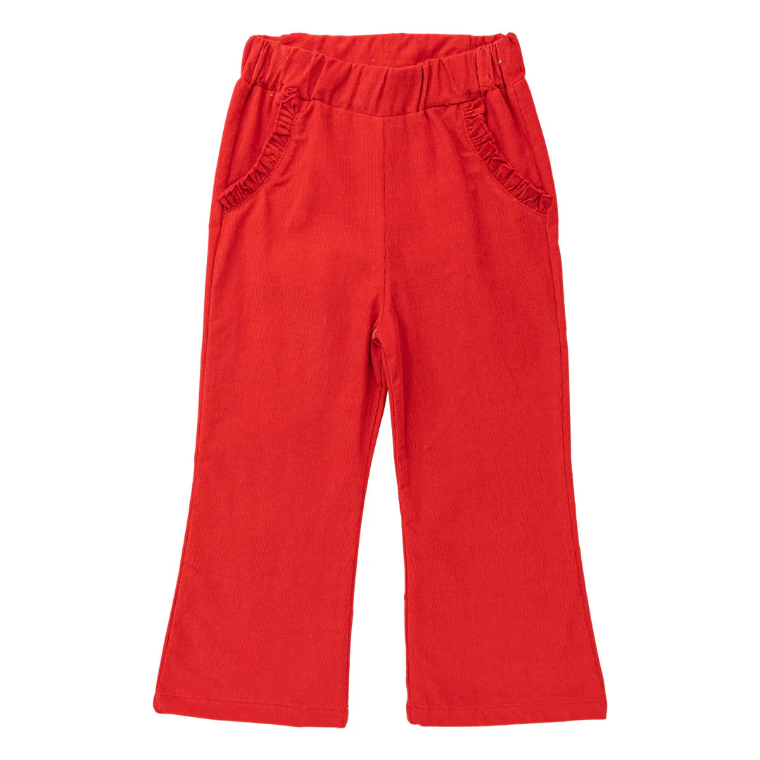 Corduroy Deep Red Pants With Ruffle Pockets