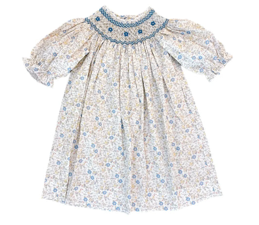 Ashley Blue & Yellow Bow Floral Print Smocked Dress