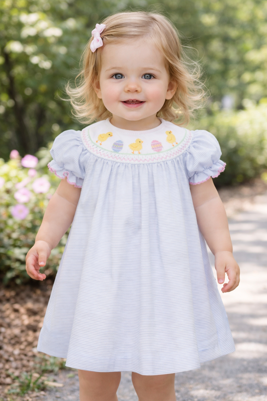 Easter Chicks Girls Stripe Bishop Dress