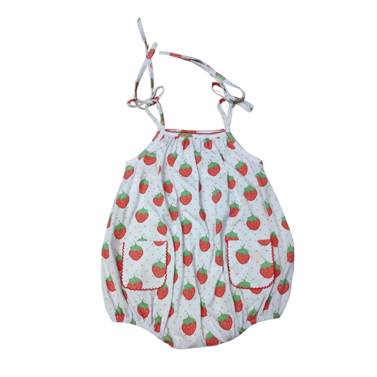Girls Strawberry Print Knit Tie Shoulder Bubble
