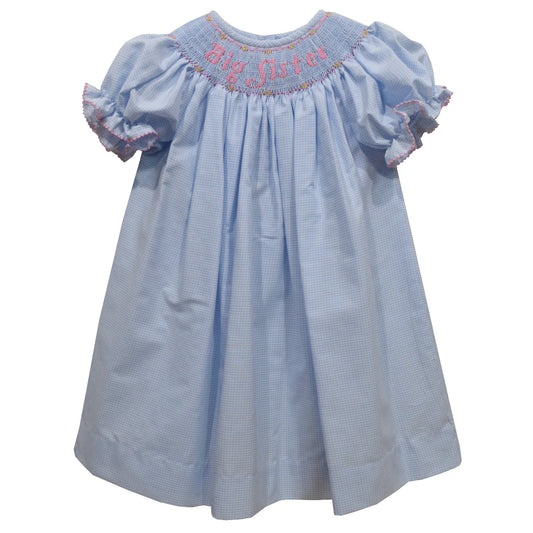 Big Sister Smocked Light Blue Check Short Sleeve Dress