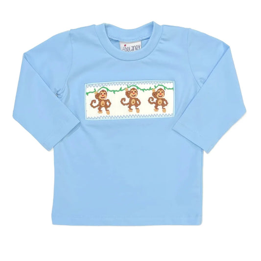 Boys Lt Blue Smocked Monkey Shirt