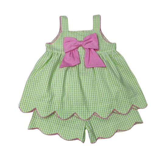 Girls Green Seersucker Sun Top With Scalloped Hem & Shorts 4T