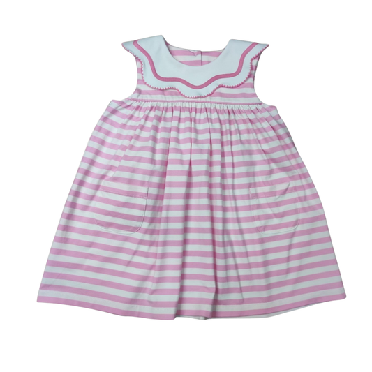 Girls Pink White Stripe Knit Sleeveless Scallop Collarfloat Dress