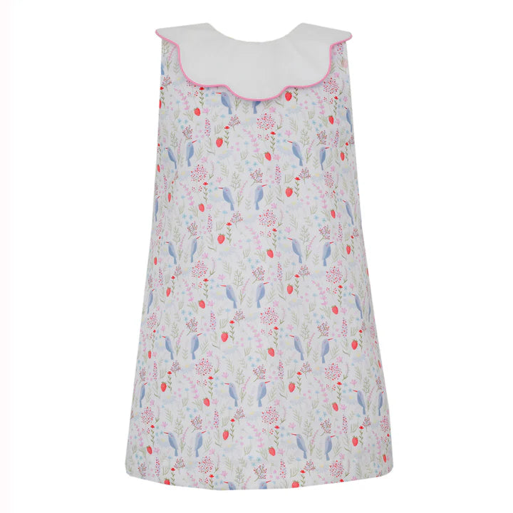 Birds Print Dress With Pink Bow