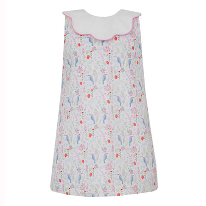 Birds Print Dress With Pink Bow