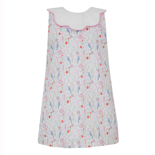 Birds Print Dress With Pink Bow