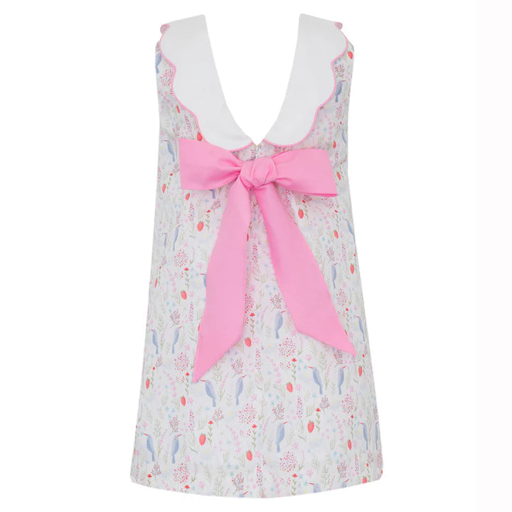 Birds Print Dress With Pink Bow