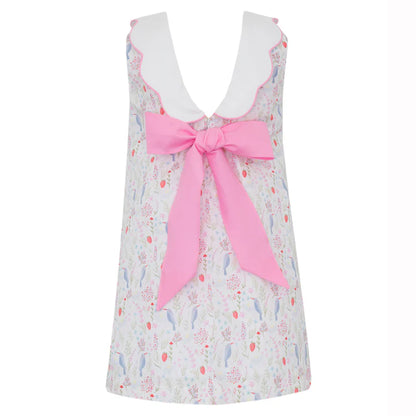 Birds Print Dress With Pink Bow