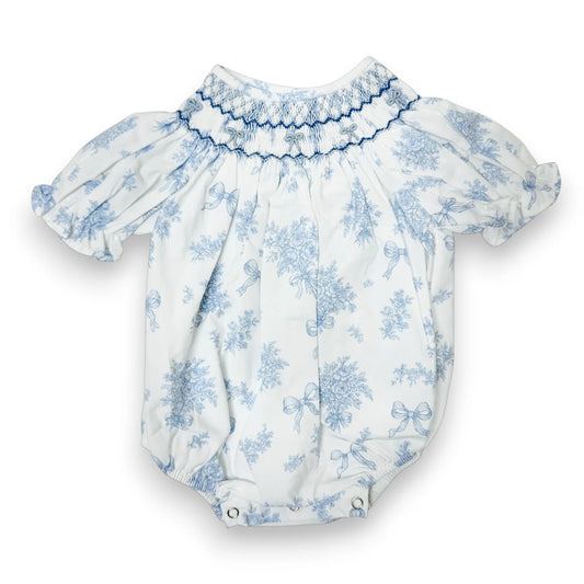 Evelyn Blue & White Floral Print Bow Smocked Bubble