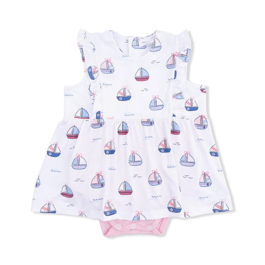 Bubbly Sailboats Pink Ruffly Bodysuit Dress