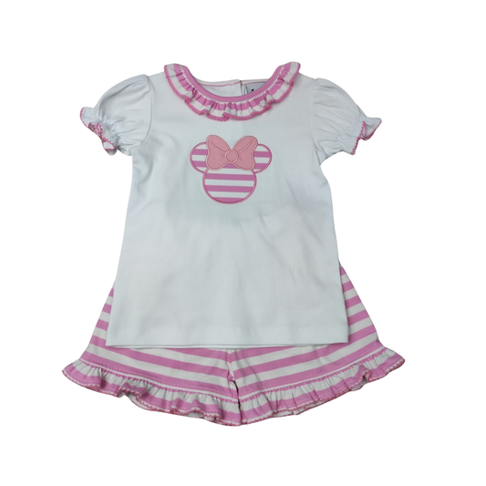 Girls Pink White Stripe Applique Mouse Ear Short Set