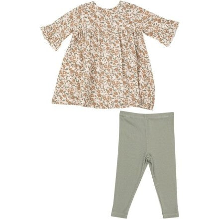 Bitty Brown Floral Bell Sleeve Dress & Leggings