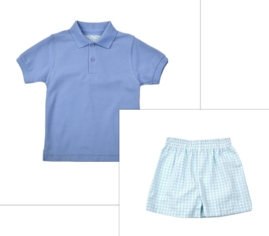 Boys Plaid Seersucker Shorts/Blue Polo Shirt Set