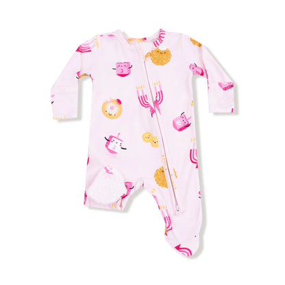 Hanukkah Pink 2 Way Zipper Ruffle Footie