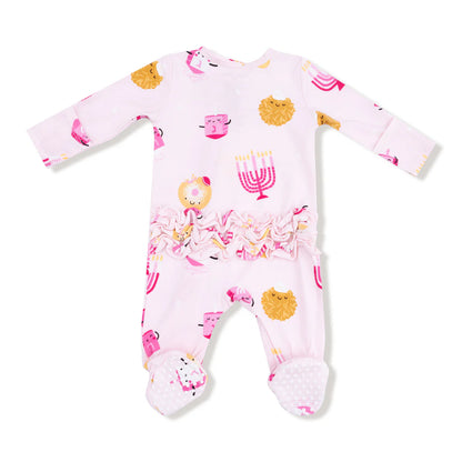 Hanukkah Pink 2 Way Zipper Ruffle Footie
