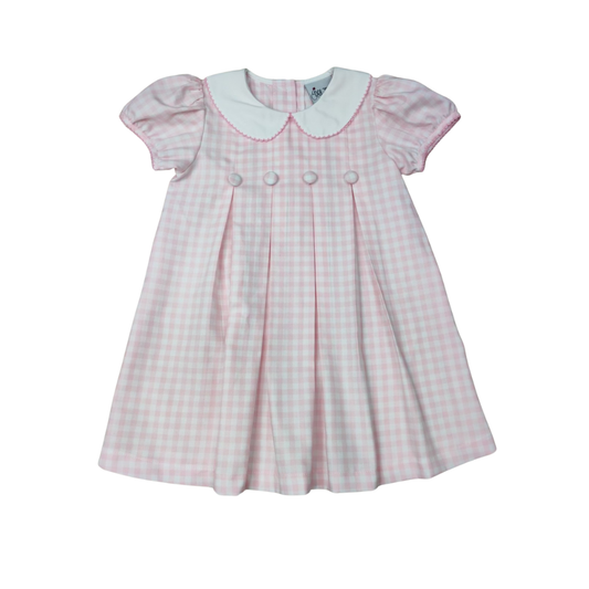 Girls Pink Check 4 Pleat Covered Button Peter Pan Collar Cheese