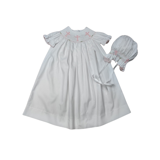 Girls White Smocked Pink Cross Daygown & Bonnett