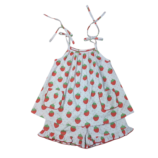 Girls Strawberry Print Knit Tie Shoulder Top & Short