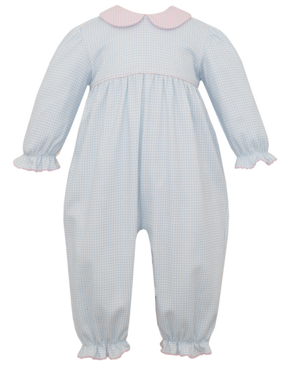 Light Blue Gingham Knit Girls Long Footie