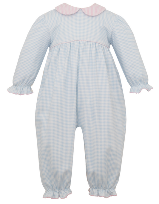 Light Blue Gingham Knit Girls Long Footie