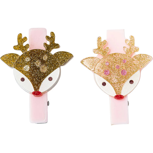 Reindeer Pink And Gold Hair Clips