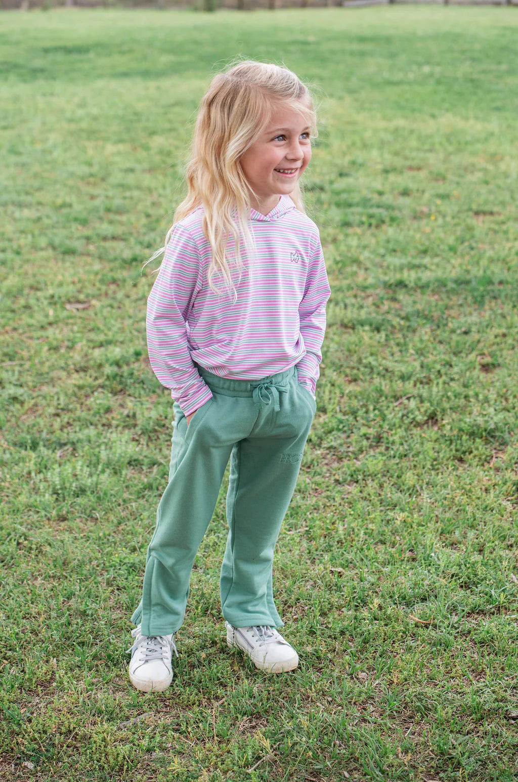 Girls Pro Performance Hoodie Shirt Pink And Green Stripe Swordfish