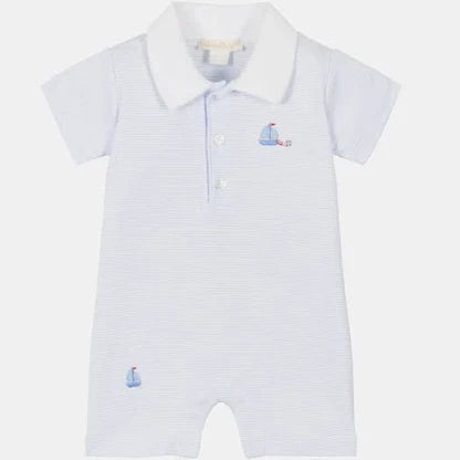 White & Blue Pima Cotton Shortie with Embroidered Boats