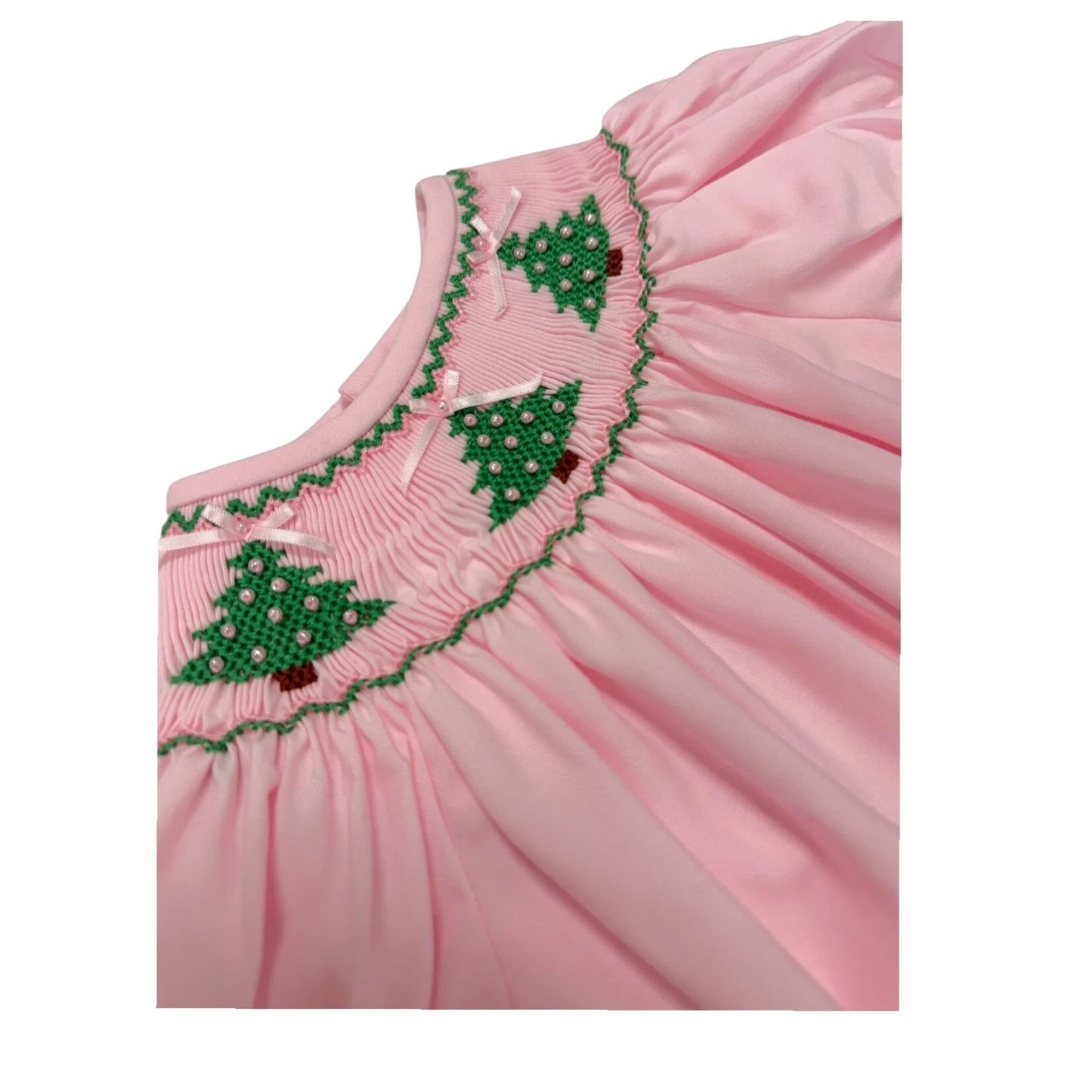 Christmas Tree Smocked Pink Dress
