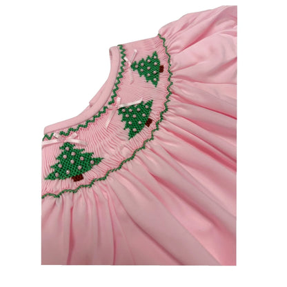 Christmas Tree Smocked Pink Dress