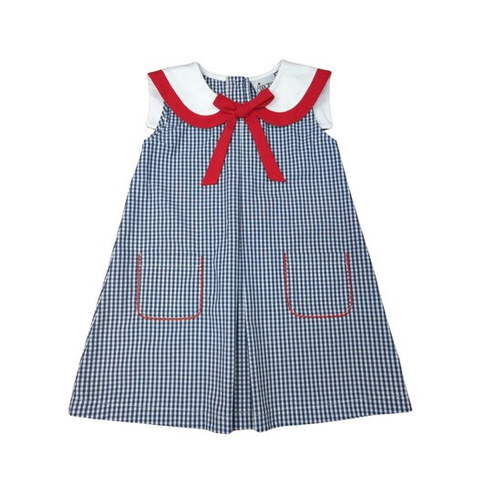 Girls Navy Check Pleat Front With Pockets Sailor Dress