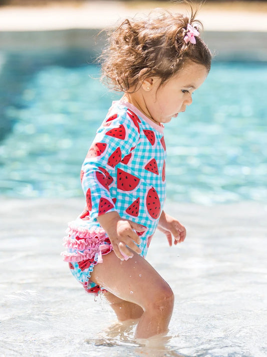 Watermelon Gingham Long Sleeve One Piece Rashguard Swimsuit