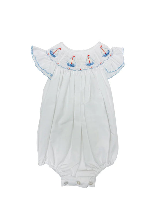 White Poplin Girl's Sailboat Bishop Bubble